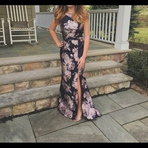 Navy and rose gold floral prom dress